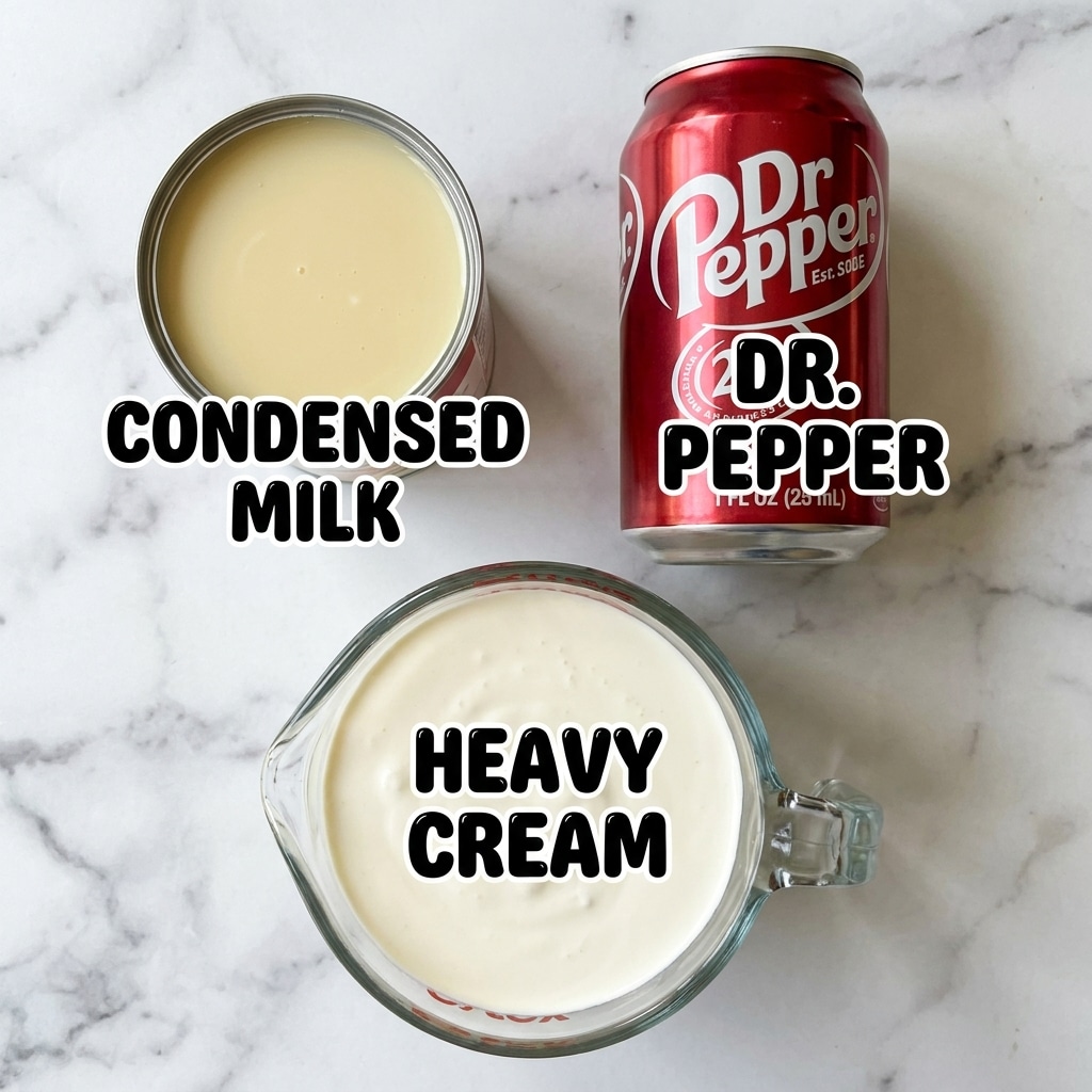 The image shows three items placed on a white marbled surface: a can of condensed milk with the lid removed revealing a smooth, pale yellow liquid inside positioned on the upper left, a red Dr. Pepper soda can with white and silver details standing upright on the upper right, and a clear glass measuring cup filled to the top with thick, creamy white heavy cream centered at the bottom. Each item is labeled in black bubble letters with white outlines for clarity. photo taken with an iphone --ar 4:5 --v 7