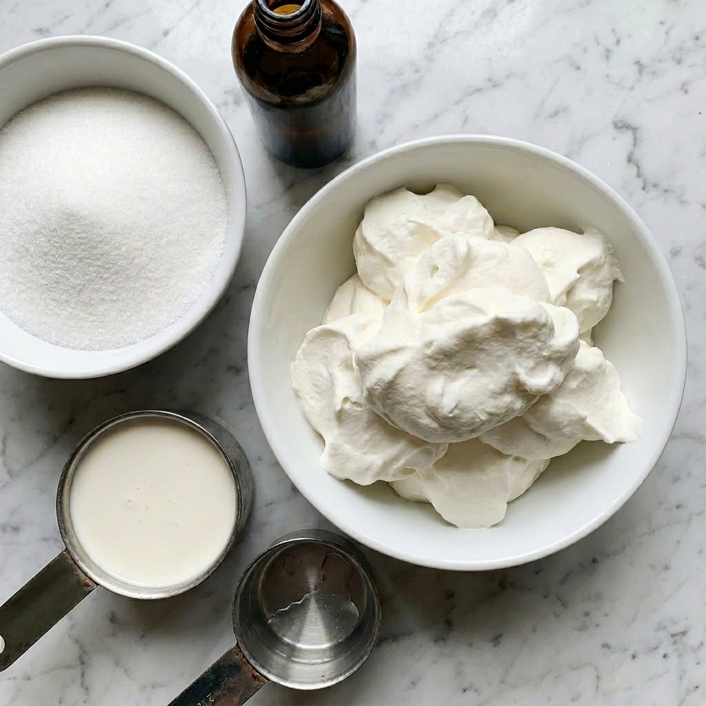 The image shows a close top view of five containers with baking ingredients arranged on a white marbled surface. In the center is a white bowl filled with a large, soft, and fluffy white cream. To its left is a white bowl full of fine white sugar. Below the sugar bowl are two metal measuring cups: one holds smooth, creamy white liquid, and the other has a small amount of clear liquid. At the top center, there is a small, dark brown bottle with a label that likely contains vanilla extract. photo taken with an iphone --ar 4:5 --v 7