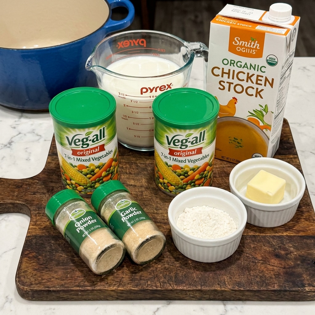The image shows several cooking ingredients arranged on a dark wooden surface. In the back, there is a clear glass measuring cup filled with white milk, marked with red measurement lines, next to a white carton of organic chicken stock with orange and green labeling. In front of these, there are two cans of Veg-All original 7-in-1 mixed vegetables, with bright green tops and colorful images of mixed vegetables on the labels. Near the front, two small clear glass spice bottles lay side by side, one labeled onion powder and the other garlic powder, both with green tops. To the right of these spices, there are two small white bowls, one containing white flour and the other a small block of light yellow butter. A large deep blue pot is slightly visible in the back left corner, all placed on a white marbled surface. Photo taken with an iphone --ar 4:5 --v 7