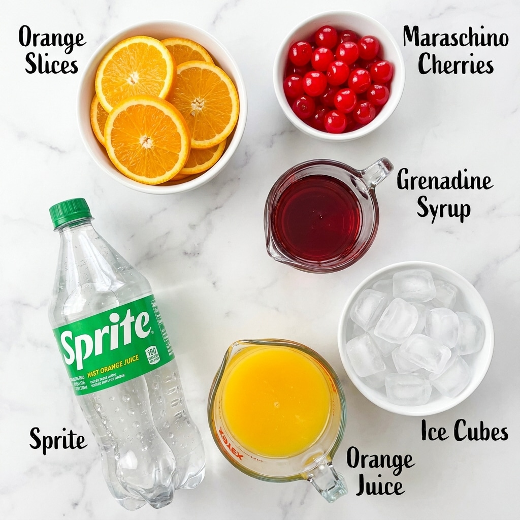 A top-down view of six key drink ingredients arranged on a white marbled surface, starting with a white bowl filled with bright orange, round orange slices on the top left, to the right of it, a white bowl full of shiny red maraschino cherries with smooth textures. Below the cherries is a clear glass jug with dark red grenadine syrup inside, showing a smooth shiny liquid texture. To the bottom right, another white bowl is filled with clear ice cubes with soft edges. On the bottom left, there is a large clear plastic bottle of Sprite with green and white labels and a green cap, showing bubbles inside the liquid. Finally, a glass measuring cup filled to the top with bright yellow-orange orange juice is placed adjacent to the ice cubes. The entire layout has hand-written style black text labels naming each ingredient. Photo taken with an iphone --ar 4:5 --v 7