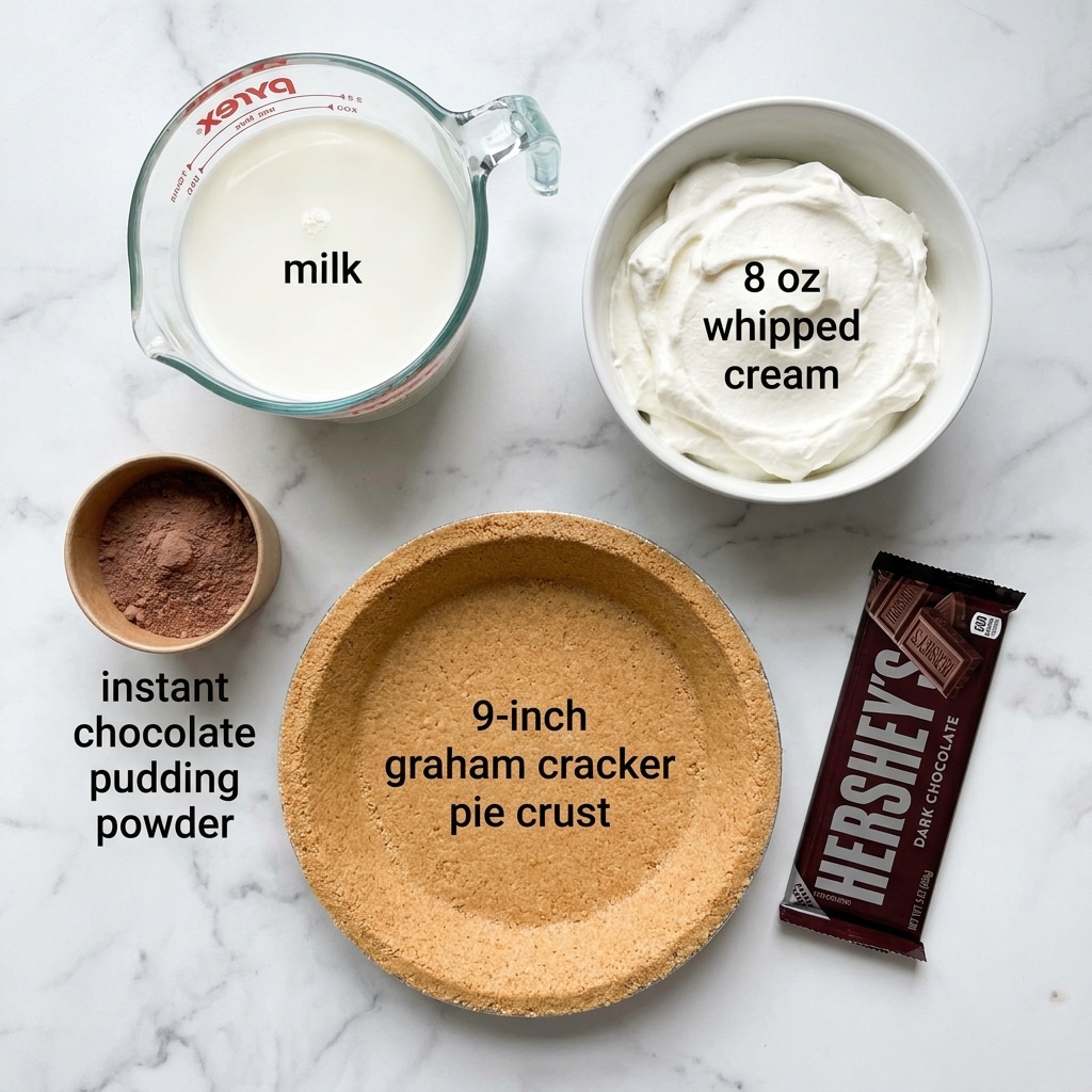 The image shows five baking ingredients arranged on a white marbled surface. There is a clear glass measuring cup filled with white milk positioned at the top left. To the right of it, a round white bowl holds 8 ounces of fluffy white whipped cream. Below the milk, a small brown paper container is filled with light brown instant chocolate pudding powder. In the center bottom, a 9-inch graham cracker pie crust with a golden brown crumb texture is placed. On the bottom right, a Hershey's chocolate bar in dark brown packaging rests flat on the surface. photo taken with an iphone --ar 4:5 --v 7