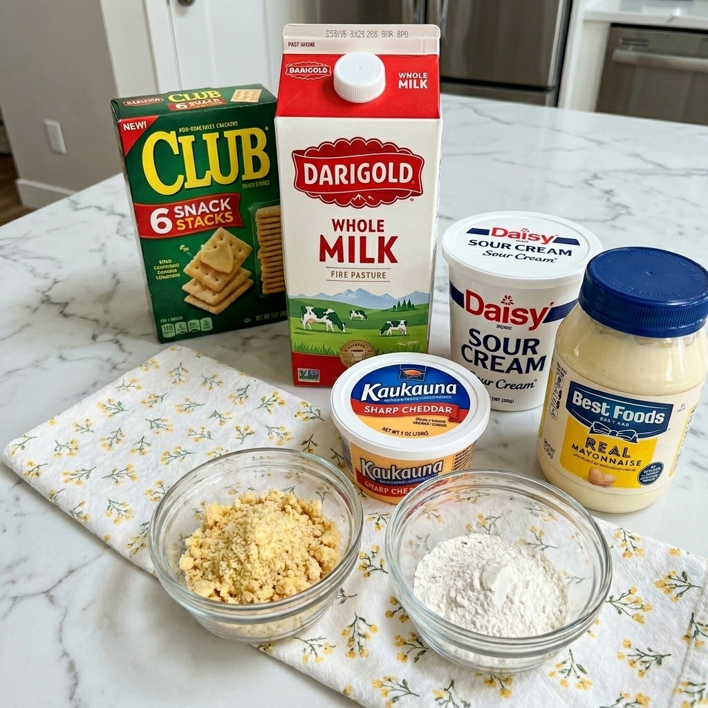 The image shows several food items arranged on a white marbled surface, including a white carton of Darigold whole milk standing upright with a green field and cow illustration, a box of Club 6 snack stacks crackers in the background with a green and yellow design, a round white container of Daisy sour cream with red and blue text, a jar of Best Foods Real Mayonnaise with a blue lid and yellow label, a small white round container of Kaukauna sharp cheddar cheese with a blue lid, and a bag of Kroger Real Bacon bits with a white and red design lying flat. In front of these items, there are two small clear glass bowls, one holding a yellowish crumbly mix and the other a pale powder. A woman's hand is not visible, and there is a white cloth with a yellow pattern draped underneath some of the items. photo taken with an iphone --ar 4:5 --v 7