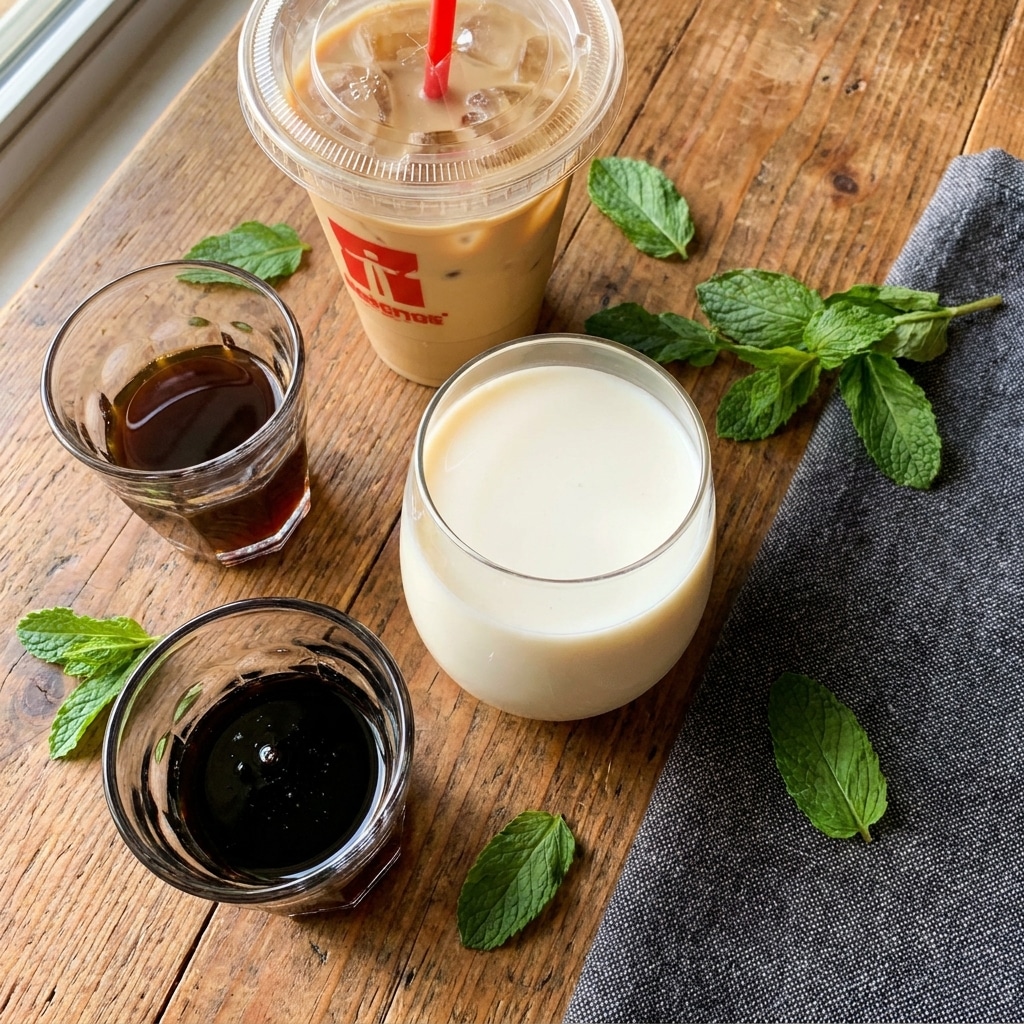 The image shows four clear glass containers arranged on a wooden surface. The top container is a plastic cup with ice and a light-colored drink, featuring a red straw and a red logo on the cup. Below it is a round glass filled with smooth, creamy white liquid. To the left is a smaller glass containing a dark brown liquid, and below that is another small glass with a thicker, almost black liquid. Around the containers, there are bright green leaves scattered, along with a dark gray textured cloth, all placed on a rustic wooden table. photo taken with an iphone --ar 4:5 --v 7