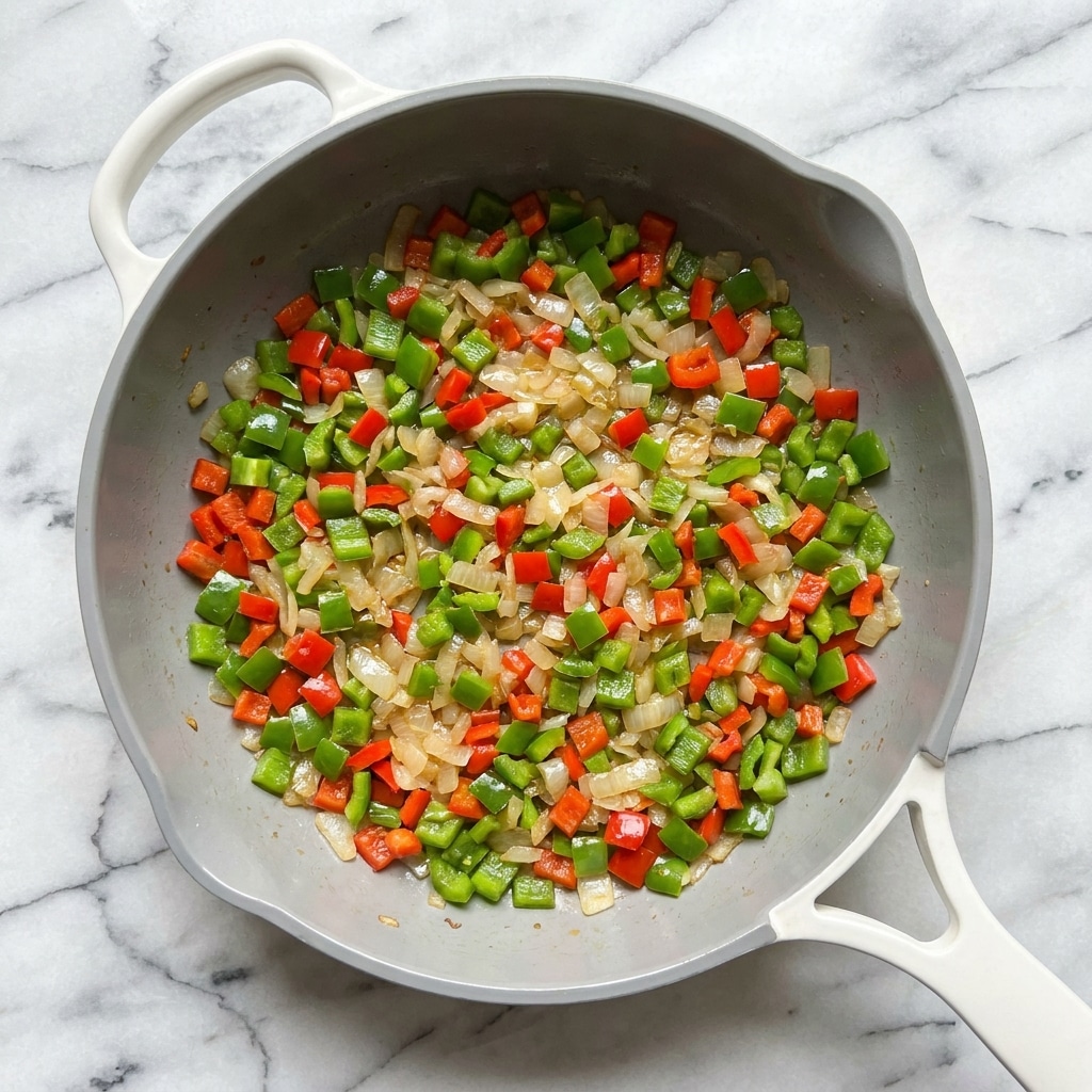 A white-handled frying pan is shown from above on a white marbled surface, filled with a colorful mix of finely chopped vegetables. The vegetables form one even layer inside the pan and include bright green bell peppers, red bell peppers, and small pieces of translucent cooked onion, all scattered evenly and appearing fresh and lightly cooked. The pan has a smooth gray interior that contrasts with the vibrant colors of the vegetables. Photo taken with an iphone --ar 4:5 --v 7