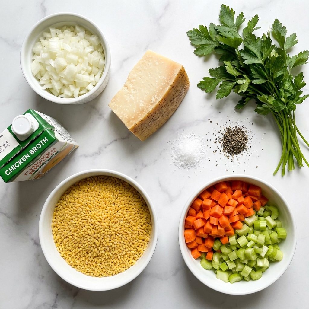 The image shows several ingredients arranged neatly on a white marbled surface. There is a small white bowl filled with chopped white onions placed near the top left. Next to it, there is a wedge of pale yellow parmesan cheese with a rough rind. To the top right, a small bunch of fresh, bright green parsley leaves rests on the surface. Near the center right are small piles of white salt and black pepper. Below the parsley is a white bowl full of small, diced orange carrots and pale green celery. At the bottom left, another white bowl contains a mound of tiny, round, yellow pastina pasta. A small box of chicken broth with a green and white label stands near the onion bowl. The overall colors are warm and natural, with clear separation between each ingredient. The lighting is soft and natural with shadows adding depth. Photo taken with an iphone --ar 4:5 --v 7
