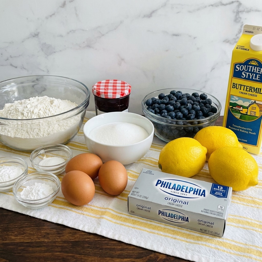 The image shows a group of ingredients arranged on a white and yellow striped cloth over a dark wooden surface. There are three bright yellow lemons on the right side, next to a silver package of Philadelphia cream cheese at the front. Four brown eggs are placed near the lemons and cream cheese. Behind the eggs, there is a white bowl filled with white sugar and a clear glass bowl full of fresh blue blueberries. To the left, a larger clear glass bowl holds white flour. A small jar with a red and white checkered lid is behind the sugar bowl. A yellow and blue carton of buttermilk is on the far right side. Small glass bowls with white powder are also present near the eggs. The background is adjusted to show a white marbled texture. photo taken with an iphone --ar 4:5 --v 7