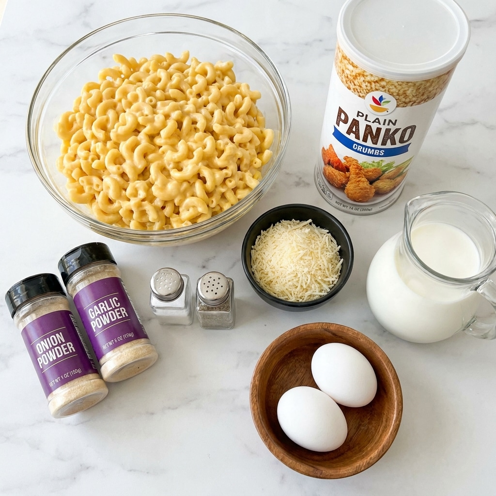 A clear glass bowl filled with creamy yellow macaroni and cheese sits on a white marbled surface. To the right, there is a white canister of plain panko bread crumbs with a picture of fried food on it. Below the bowl, two clear spice jars with purple labels marked onion powder and garlic powder are placed next to small clear salt and pepper shakers. A small black bowl holds a pile of shredded white parmesan cheese. Nearby, a wooden bowl contains two white eggs. A clear glass pitcher filled with white milk is also visible on the white marbled surface. The scene is bright and clean, showing simple ingredients ready for making mac and cheese bites photo taken with an iphone --ar 4:5 --v 7