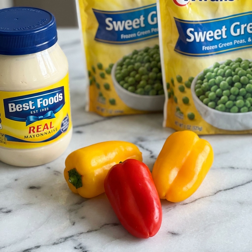The image shows a close-up of three mini bell peppers with smooth skins, two yellow ones on the sides and a red one in the middle placed on top of a white marbled textured surface. Behind the peppers, there are two bags of frozen green peas with yellow and blue packaging labeled