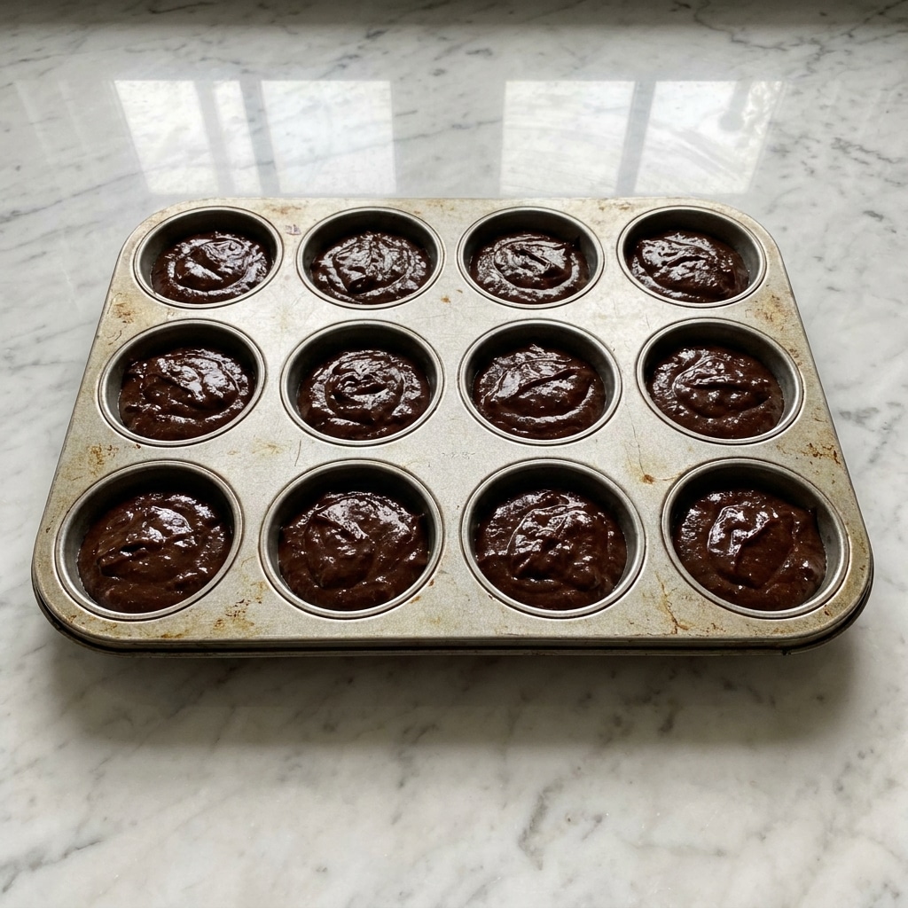 The image shows a metal muffin tray filled with raw chocolate batter in each round mold. The batter is thick and dark brown with a slightly shiny and rough texture, filling the molds about three-quarters full. The muffin tray rests on a white marbled surface with light reflections creating soft highlights on the batter and tray edges. photo taken with an iphone --ar 4:5 --v 7