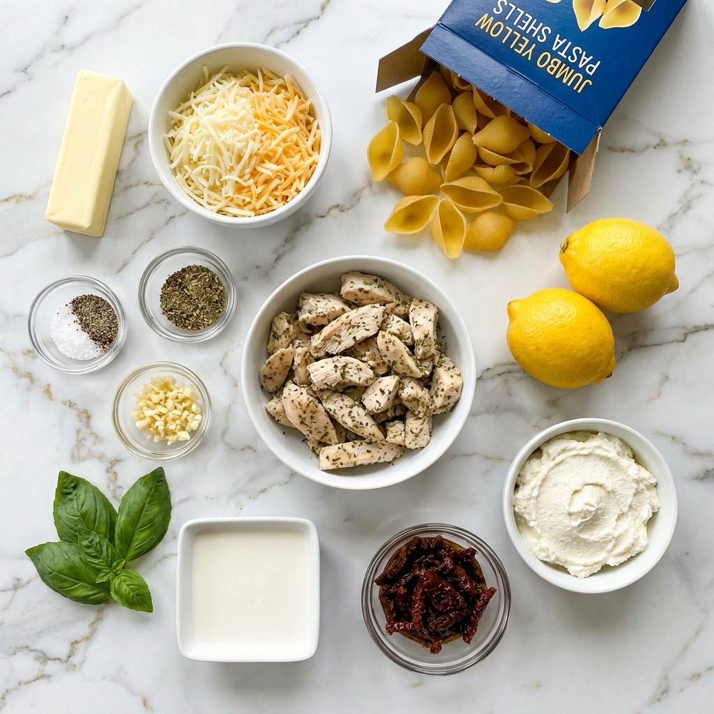 The image shows a variety of ingredients arranged neatly on a white marbled surface for a pasta dish. There is a box of jumbo yellow pasta shells spilling out at the top right, with two whole bright yellow lemons next to it. Below the lemons, a white bowl holds creamy white ricotta cheese with a slightly rough texture. To its left, a glass bowl contains sun-dried tomatoes that are dark red and wrinkled. Next to the tomatoes, a round white bowl is filled with small pieces of light brown cooked chicken seasoned with herbs. At the upper left, there is a stick of light yellow butter, and beside it, a white bowl holds a mix of shredded pale yellow and white cheese. Below the cheese, two small clear bowls contain coarse salt & pepper and a mix of dried seasonings, including red pepper flakes. Another small clear bowl with finely chopped white garlic is placed near the chicken. A few green basil leaves are at the bottom left, along with a small white square dish of half & half cream. The colors are bright and fresh, and the layout is clean and organized. Photo taken with an iphone --ar 4:5 --v 7