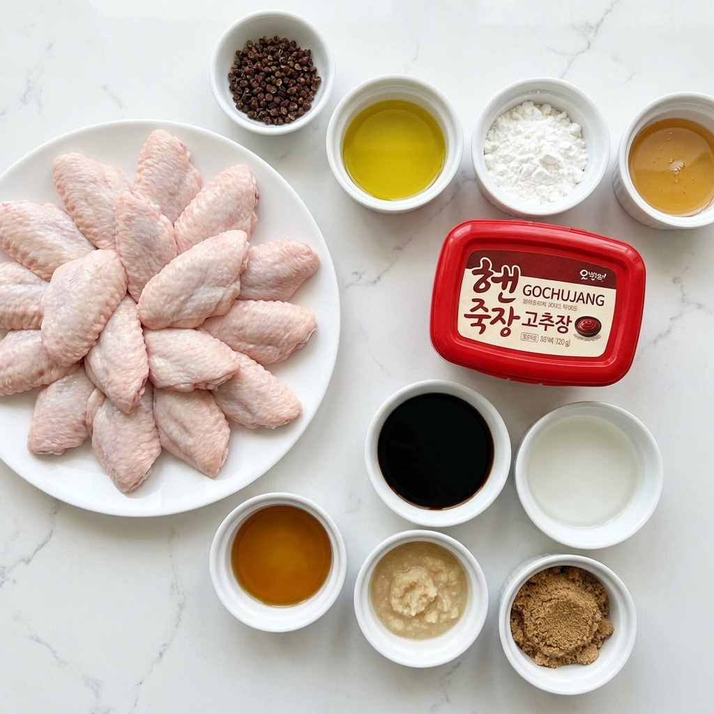 A white plate filled with many raw chicken wings arranged in a slightly overlapping circle forms the main layer on the left side of the image; the wings are pale pink with a soft texture. To the right, on a white marbled surface, small white bowls hold various ingredients arranged in rows: at the top is a bowl with light yellow olive oil, below it a bowl with white cornflour, and below that a bowl of light amber honey. Near the bottom left is a red rectangular container of gochujang with white and dark red labeling. In front are small white bowls containing dark brown soy sauce, clear vinegar, amber sesame oil, pale beige garlic and ginger paste, and brown sugar with a grainy texture. In the middle near the top is a small white bowl of dark red-brown Szechuan peppercorns. The whole scene is bright, clean, and calm with a white marbled background and colored ingredients arranged neatly. photo taken with an iphone --ar 4:5 --v 7