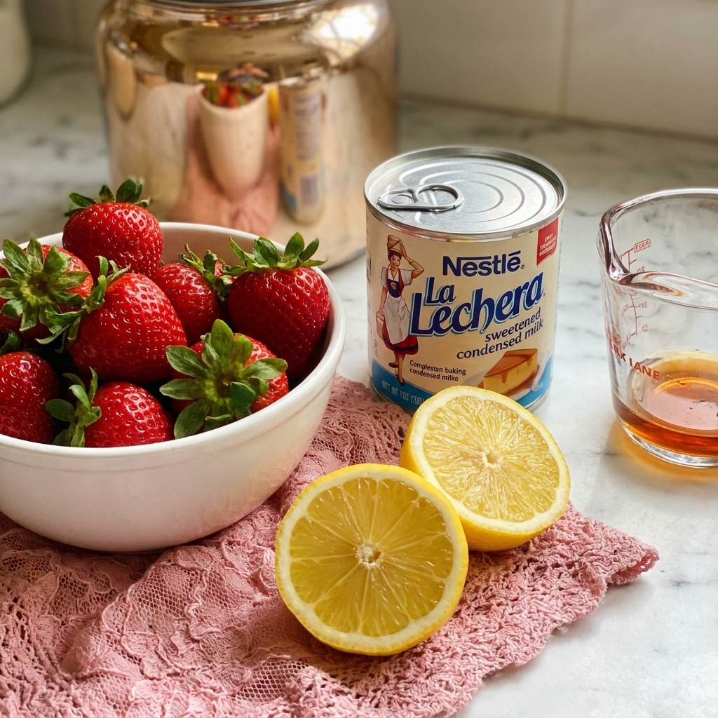 The image shows a close-up of different ingredients on a white marbled surface, including a white bowl filled with bright red strawberries with green leaves, positioned in the left foreground. Next to the bowl are two lemon halves with yellow flesh, placed near a pink cloth with a lace texture. Behind them is a tin can of Nestlé La Lechera sweetened condensed milk with a silver lid and colorful label featuring a woman in vintage clothing. A clear glass measuring cup containing a small amount of liquid sits behind the can, and in the far background, a blurred large glass container is visible, adding soft light reflections. The overall setting has a warm, homey feel. photo taken with an iphone --ar 4:5 --v 7