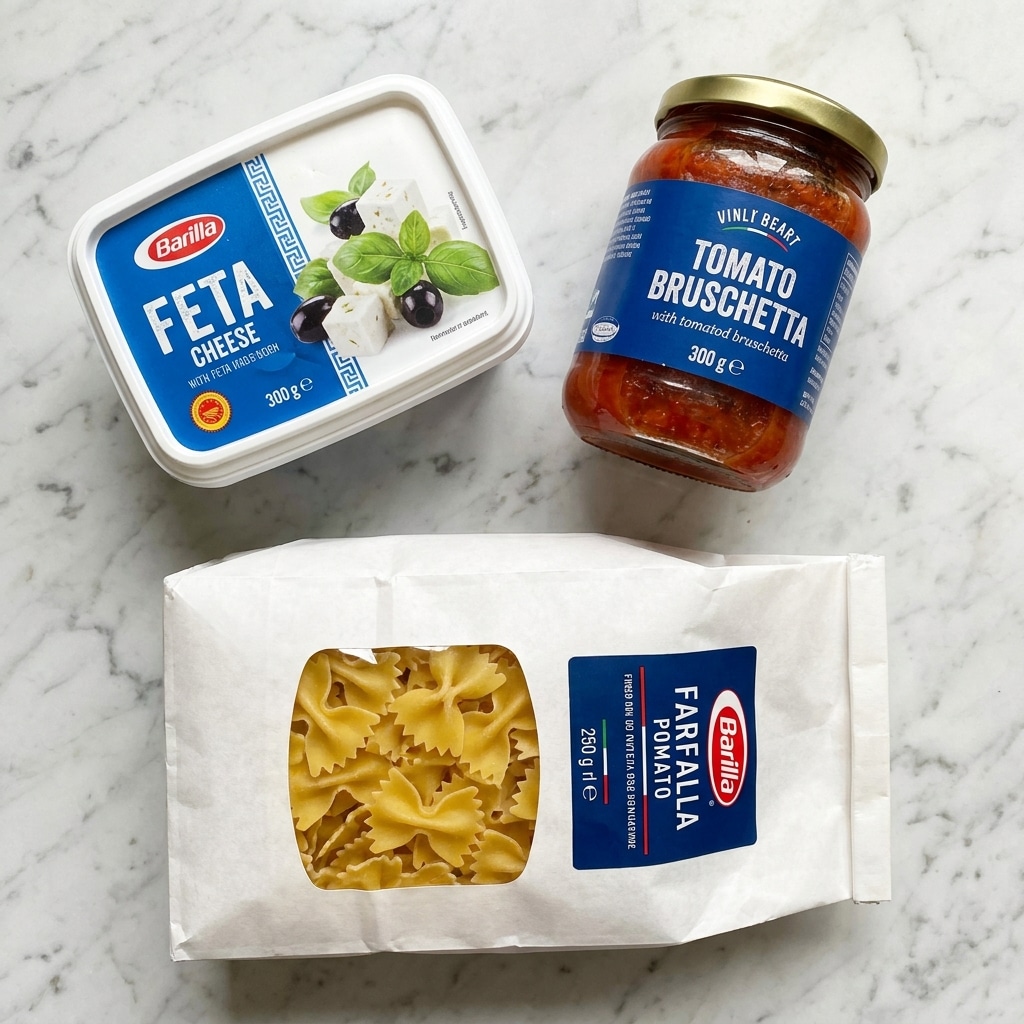 The image shows three food items placed on a white marbled surface: a rectangular white container of feta cheese with a blue label featuring an image of feta cheese with olives and basil, a glass jar of red tomato bruschetta with a metal lid and a blue label, and a white paper bag of farfalle pasta with a clear window showing the yellow bow-tie shaped pasta inside, and a blue and red label. Photo taken with an iphone --ar 4:5 --v 7