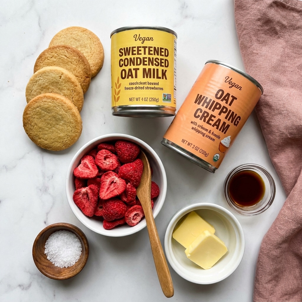 The image shows several ingredients on a white marbled surface, including four golden-brown vegan shortbread cookies stacked on the left side. Two cans are placed in the center, one full can labeled