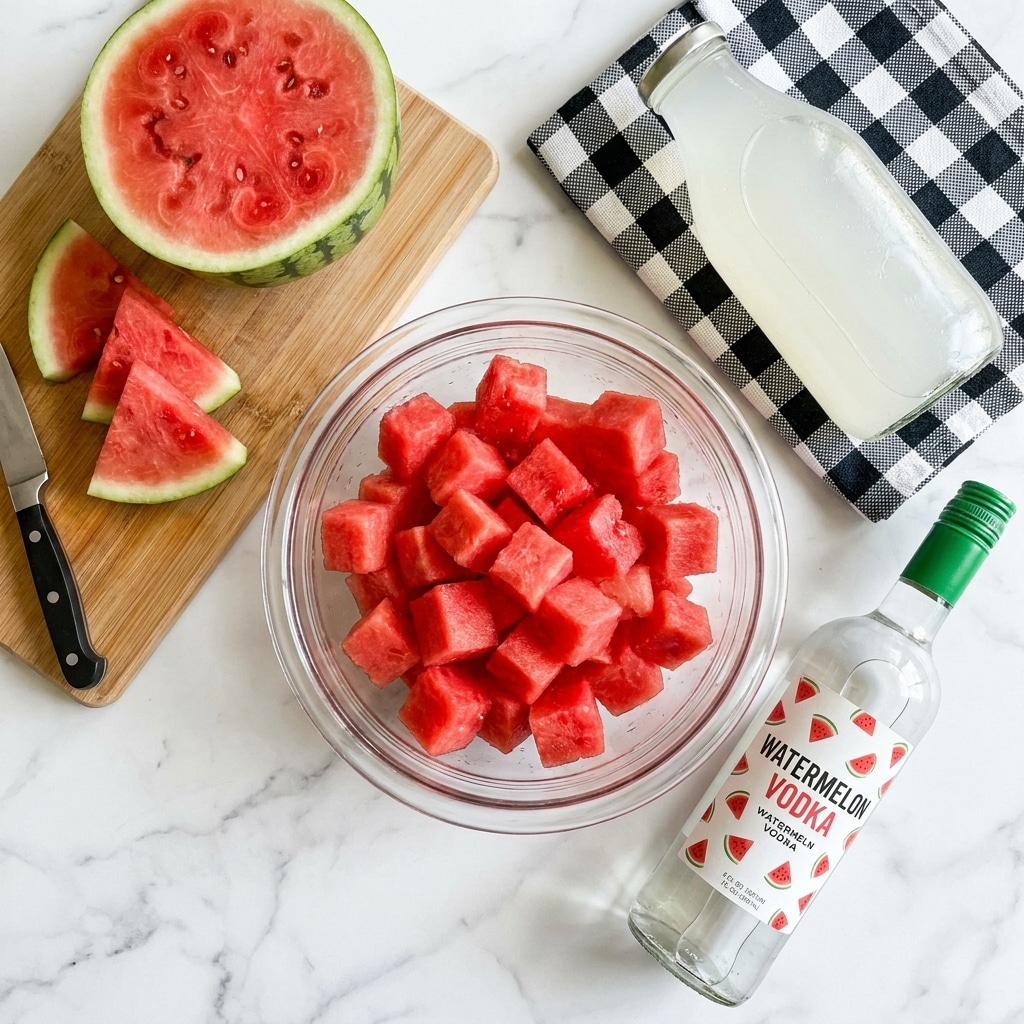 The image shows a white marbled surface with a wooden cutting board holding a half watermelon and three triangular watermelon slices on the left side. In the center, there is a clear glass bowl filled with bright red watermelon cubes. To the top right, a transparent glass bottle with white lemonade stands on a white cloth with a black checkered pattern. Below the lemonade, to the bottom right, there is a clear bottle of watermelon vodka with a green cap and a decorative label showing small watermelon images. photo taken with an iphone --ar 4:5 --v 7