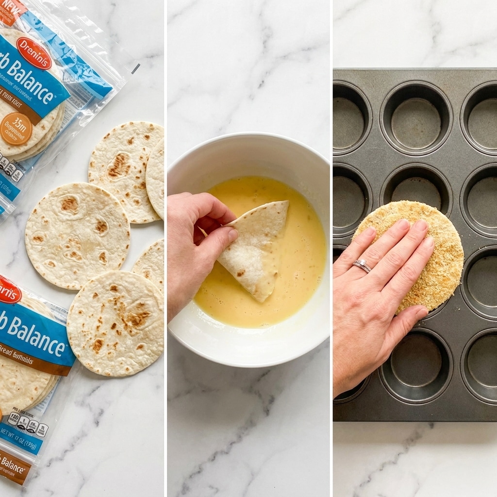 The image shows three steps of a cooking process on a white marbled surface. In the first step, several small round tortillas with light brown spots are spread out next to a pack labeled